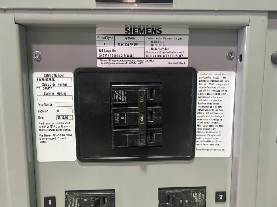 Siemens 250 Amp 208V 3PH 4W panelboard with 100A main P1X30MC250C 🟦 - Image 2 of 4