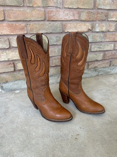 1980s Vtg FRYE Cowgirl Russet Leather Western Boots 6 B Cowgirl High Heel Cowboy - Picture 2 of 16