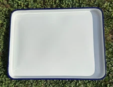Enamel Sheet Pan, Enamelware Pan Enamel Baking Pan Blue Rim Solid White 15" x 11