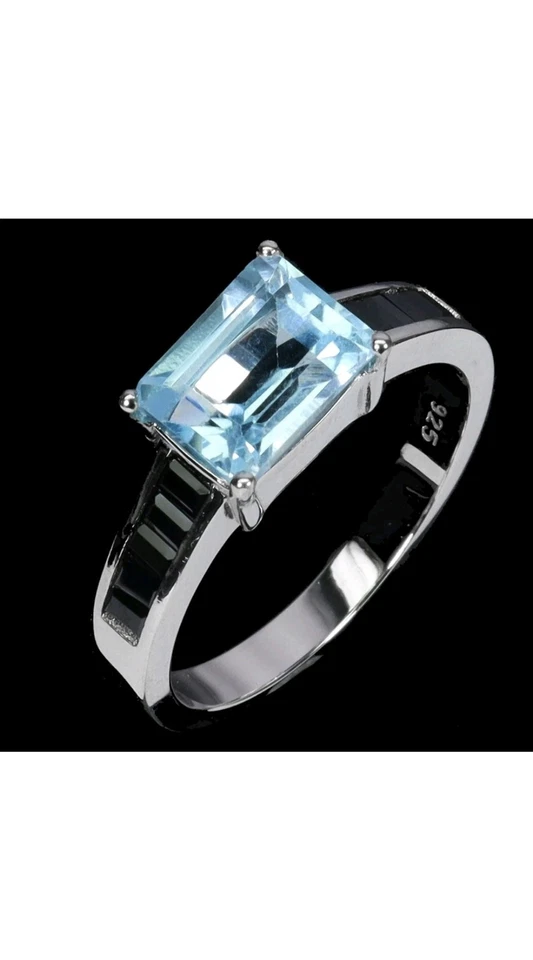 925 Sterling Silber Ring Achteck Himmelblau Topas Spinell Edelstein Schmuck - Bild 2 von 4