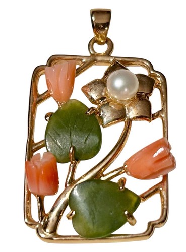Colgante Vintage Piel de Ángel Coral Tallado Flor Espinaca Hoja de Jade Perla Cultivada - Imagen 1 de 8