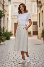 Talbots Minimalist Beige 100 Irish Linen Lined Skirt Pocket SZ 14 Quiet Luxury