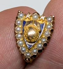 Antique 10K Gold Alpha Phi Delta Fraternity Pin with Pearls and Blue Enamel