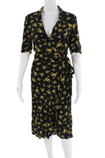 Ganni Womens Floral Print V-Neck Short Sleeve Wrap Dress Black Size 36