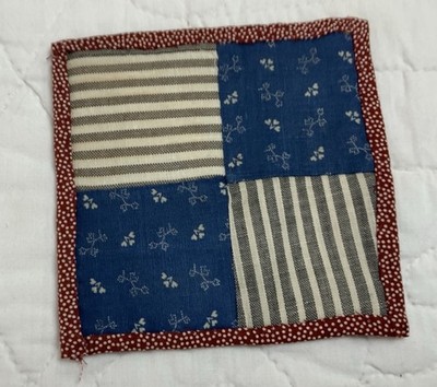 Vintage Patchwork Quilt Small Table Topper, Four Patch, Calico Prints, Blue