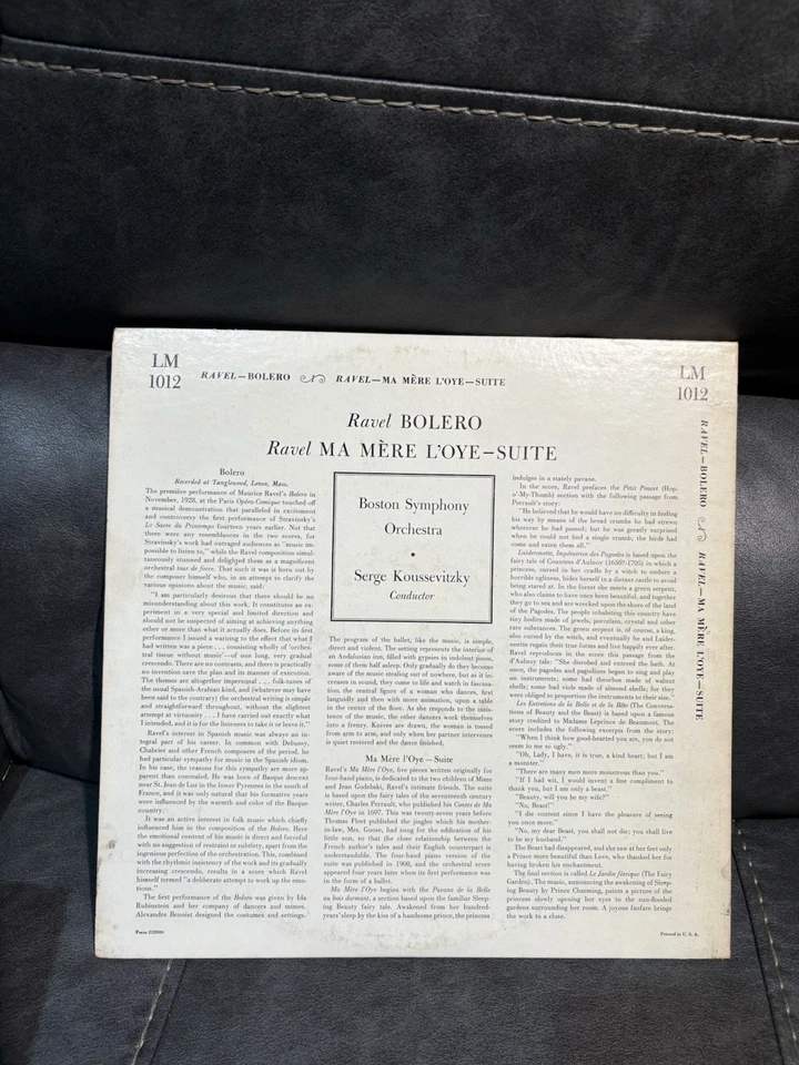 RAVEL BOLERO BOSTON SYMPHONY ORCHESTRA AD MOTHER GOOSE SUITE 33 RPM. LP. LM 1012 - Image 2 of 2