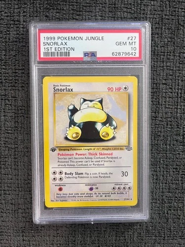 PSA 10 Snorlax 1st Edition 27/64 1999 Pokemon Jungle Vintage WOTC First Edition