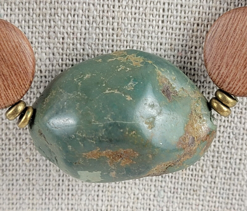 Green Stone Nugget Brown Flat Circle Wooden Beaded Necklace And Earrings Set - Picture 2 of 10