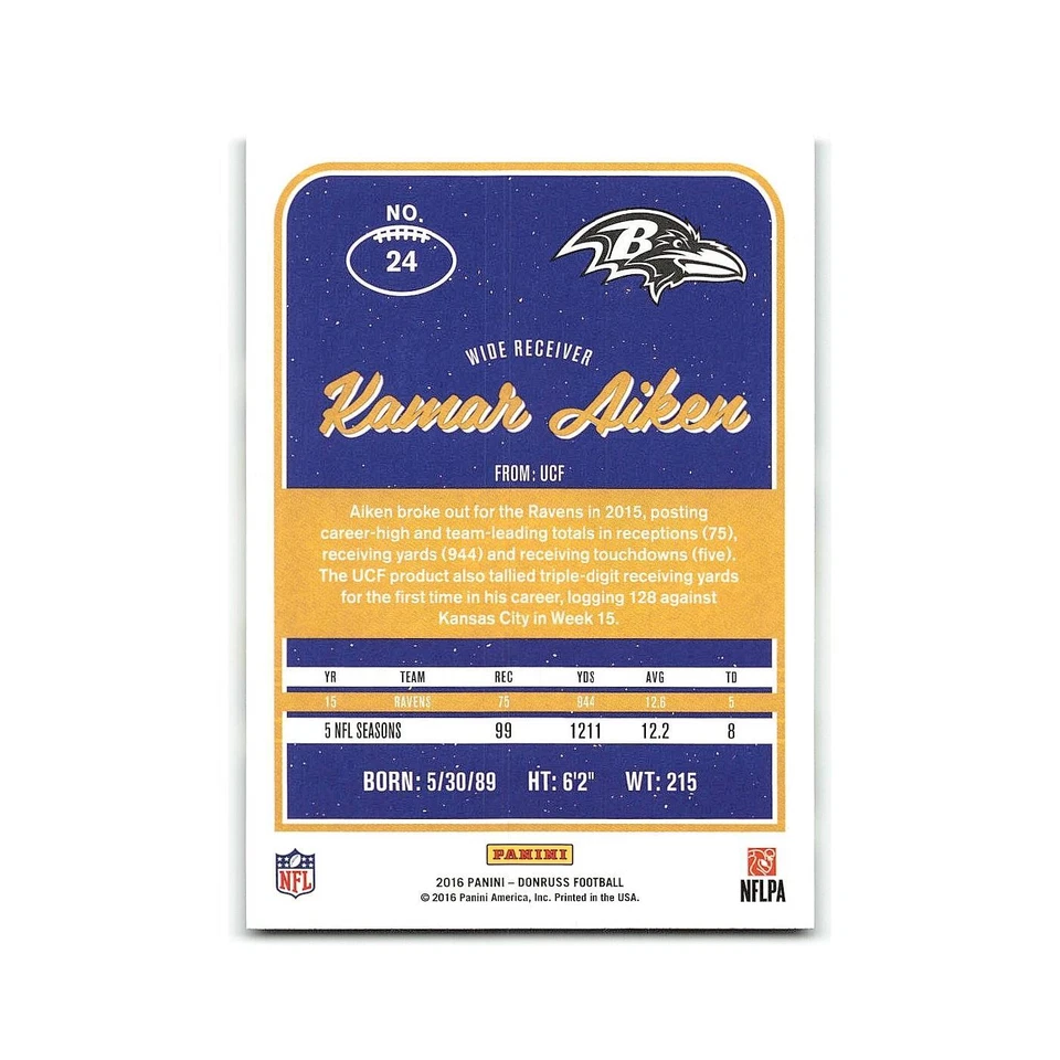 Kamar Aiken 2016 Donruss #24 Baltimore Ravens Football Card NM - Image 2 of 3