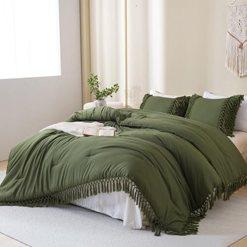 Comforter Set Queen, 3 Pieces Boho Tassel Queen (90"x90") Olive Green - Picture 5 of 7