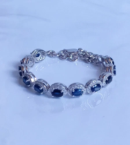 Blue Sapphire Oval Zircon Halo Bracelet 925 Sterling Silver Handmade Jewelry