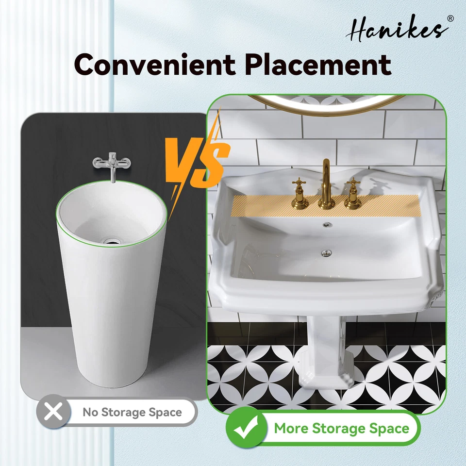 Fregadero de baño con pedestal de porcelana vítreo rectangular blanco de 35,4 pulgadas de alto con desbordamiento Foto 4 de 4