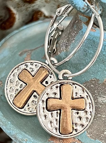 Beautiful Silver and Gold Cross Hoop Earrings. Faith. Religion. Believe.