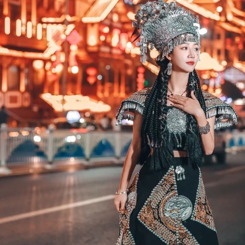 Chinese Miao Costume Hanfu Handmade Dress Dress Black One-size Two-piece Set - Picture 5 of 6