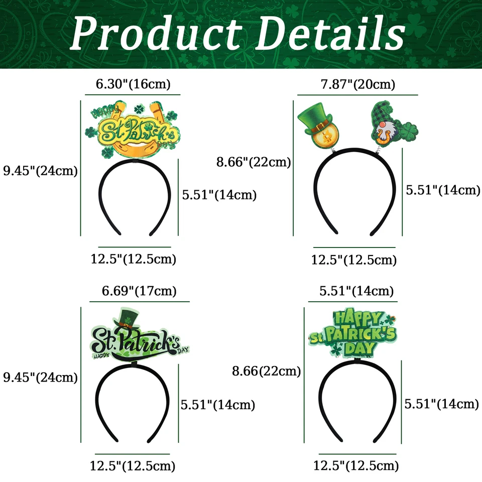 9 un. Diademas Día de San Patricio Prendas para la cabeza Accesorios irlandeses verdes para mujeres hombres Foto 4 de 4