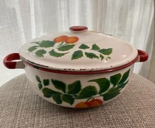 Vintage Enamel Handled Pot w/ Lid Made Poland white red Huta Silesia Peaches
