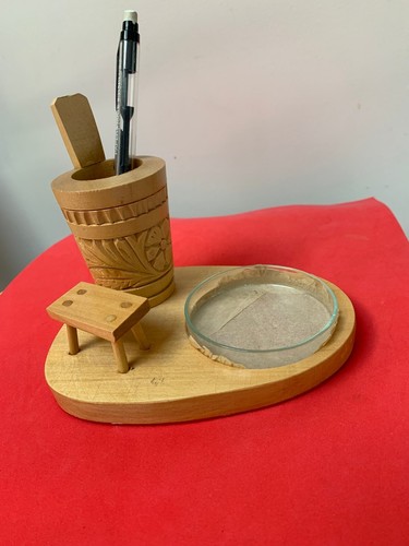 Vintage NEU geschnitztes Holz Schreibtisch Zubehör Stift & Getränkehalter Glaseinsatz Filz Unterseite - Bild 2 von 9
