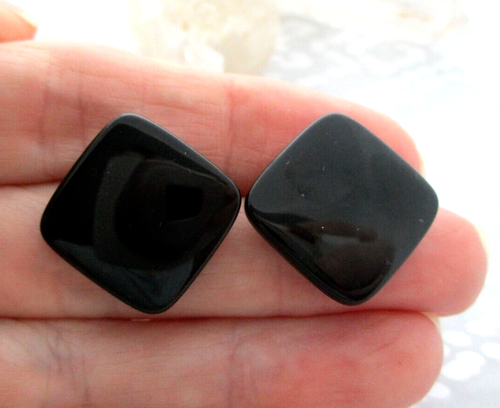 Vintage Genuine Black Onyx Square Gemstone Stud Earrings 18mm NOS