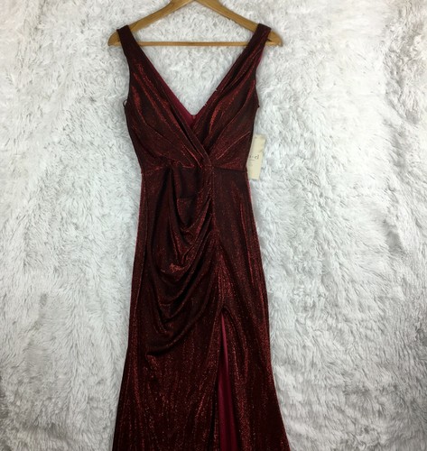 JO+EL Red Sparkling Evening Gown V Neck Front Thigh high Slit Size S - Picture 2 of 11