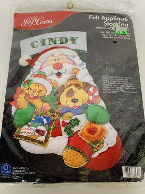 J&P Coats Felt Applique Christmas Stocking Kit  Santa Puppy Kitten  18'' New