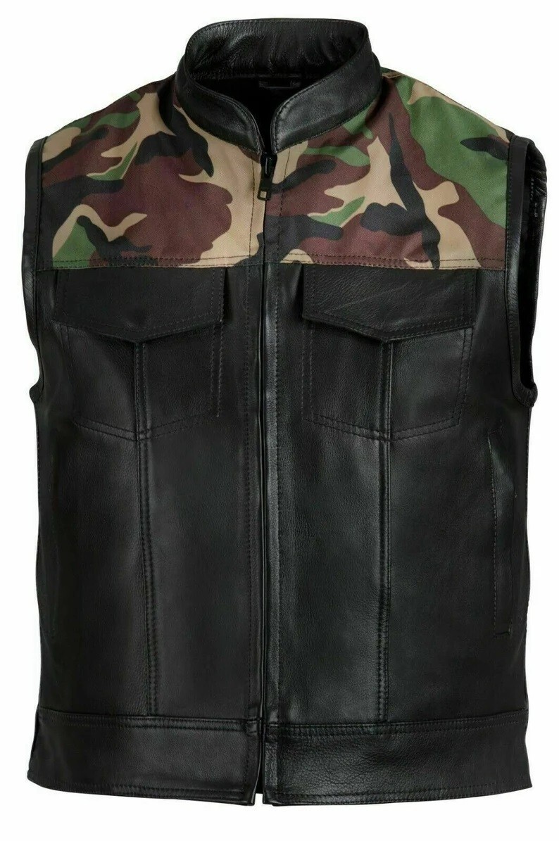 New Men's Camouflage Biker Motorcycle Racing Club Rider Real Black leather  Vest