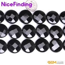 Natural Black Agate Coin Faceted Onyx Gemstone Loose Beads Jewelry Making 15"