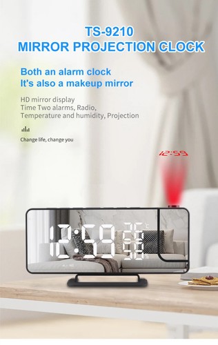 LED Digital Mirror Projection Alarm Clock Home FM Radio Thermometer Hygrometer - Picture 6 of 8