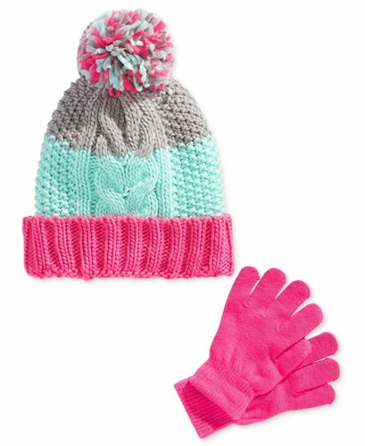 Berkshire Little Girls' 2-Pc winter set Knitted Hat Gloves Set Pink Aqua - Picture 2 of 2