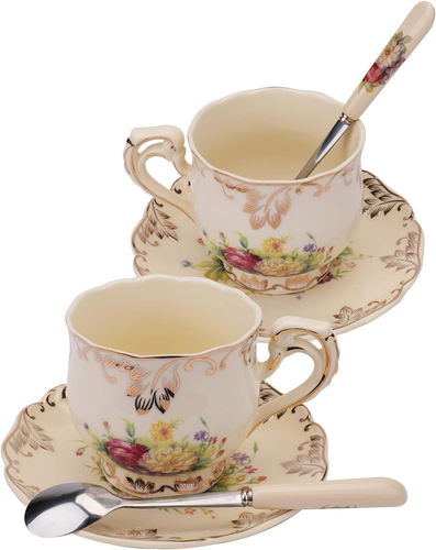 Set of 2 Tea Cup and Saucer, 8 Oz. Flowering Shrubs Ivory Ceramic Coffee Cup Fan - Picture 7 of 7