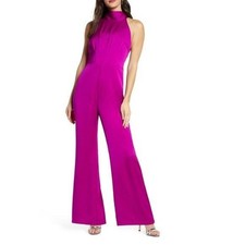 HARLYN Tie Back High Neck Satin Jumpsuit Size S Magenta Event Cocktail Wedding