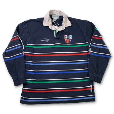 VTG Lansdowne Ireland Rugby #6 Polo Shirt Long Sleeve Striped Patches Prep Large