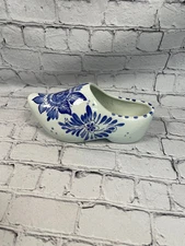 Vintage 7” Delft Blauw Dutch Shoe Blue White Hand Painted Ceramic Floral Planter