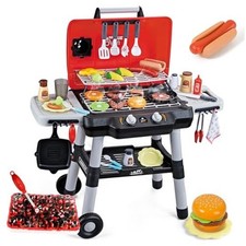 Kids Play Kitchen Toys, Kids BBQ Grill Playset with Smoke Sound Black and Red