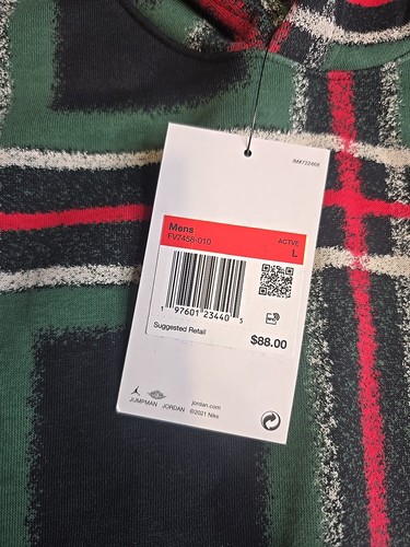 Nike Jordan Plaid Green/Red Fleece Pullover Holiday Hoodie Sz Large FV7458-010 - Picture 5 of 5