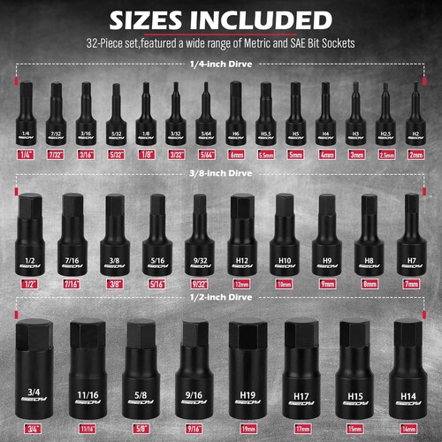 36-Piece Hex Bit Impact Socket Set with 4 Adapters - SAE & Metric Precision - Afbeelding 5 van 11