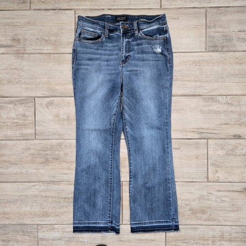 Pantalones de mezclilla para mujer Judy azul vintage recortados bootcut dobladillo crudo elásticos moldeando 11/30