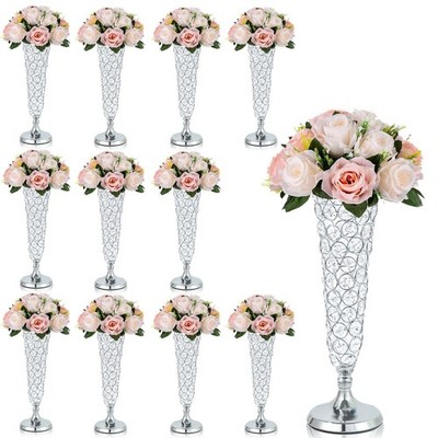 12 Pcs Silver Trumpet Vases - 13'' Metal Crystal Vase Bulk for Artificial Flow...