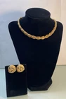 Vintage TRIFARI Scalloped Brushed Gold Tone Rhinestone Jewelry Set