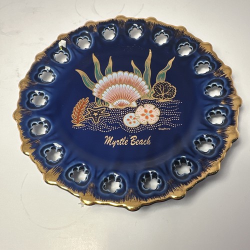 Vintage Myrtle Beach Gold Plated Blue Plate - Picture 1 of 5