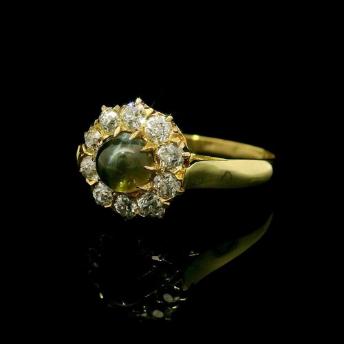 Antique Victorian Yellow Gold 1.59ctw Cat's Eye Old Mine Cut Diamond Halo Ring - Picture 9 of 9
