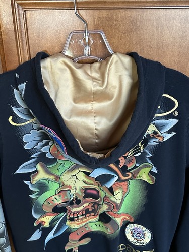 RARE Ed Hardy Size S Death Or Glory Zip Black Hoodie 7 Embrd Patches Skull Y2K - Picture 10 of 20