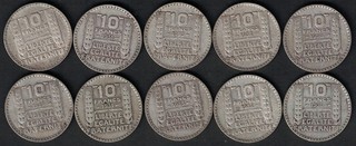 PIECES 10 FRANCS TURIN EN ARGENT LOT DE 10 ANNEE ENTRE 1930 ET 1934