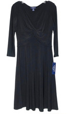 Chaps Women Midi Dress Medium Black Twist Front 3/4 Sleeve Stretch Fit & Flare