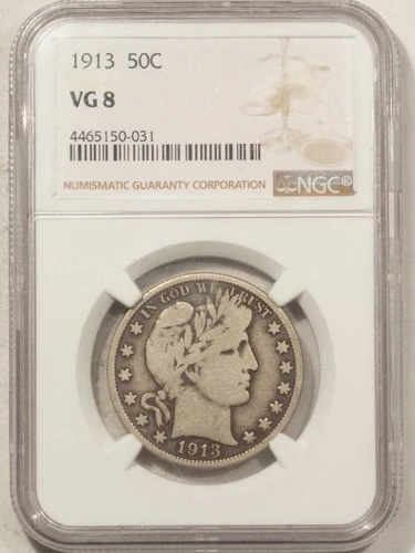 1913 BARBER HALF DOLLAR - NGC VG-8, NICE & ORIGINAL!