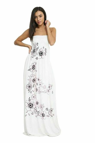 Women Ladies Sleeveless Sheering Boobtube Bandeau Floral Printed Long Maxi Dress - Picture 3 of 7