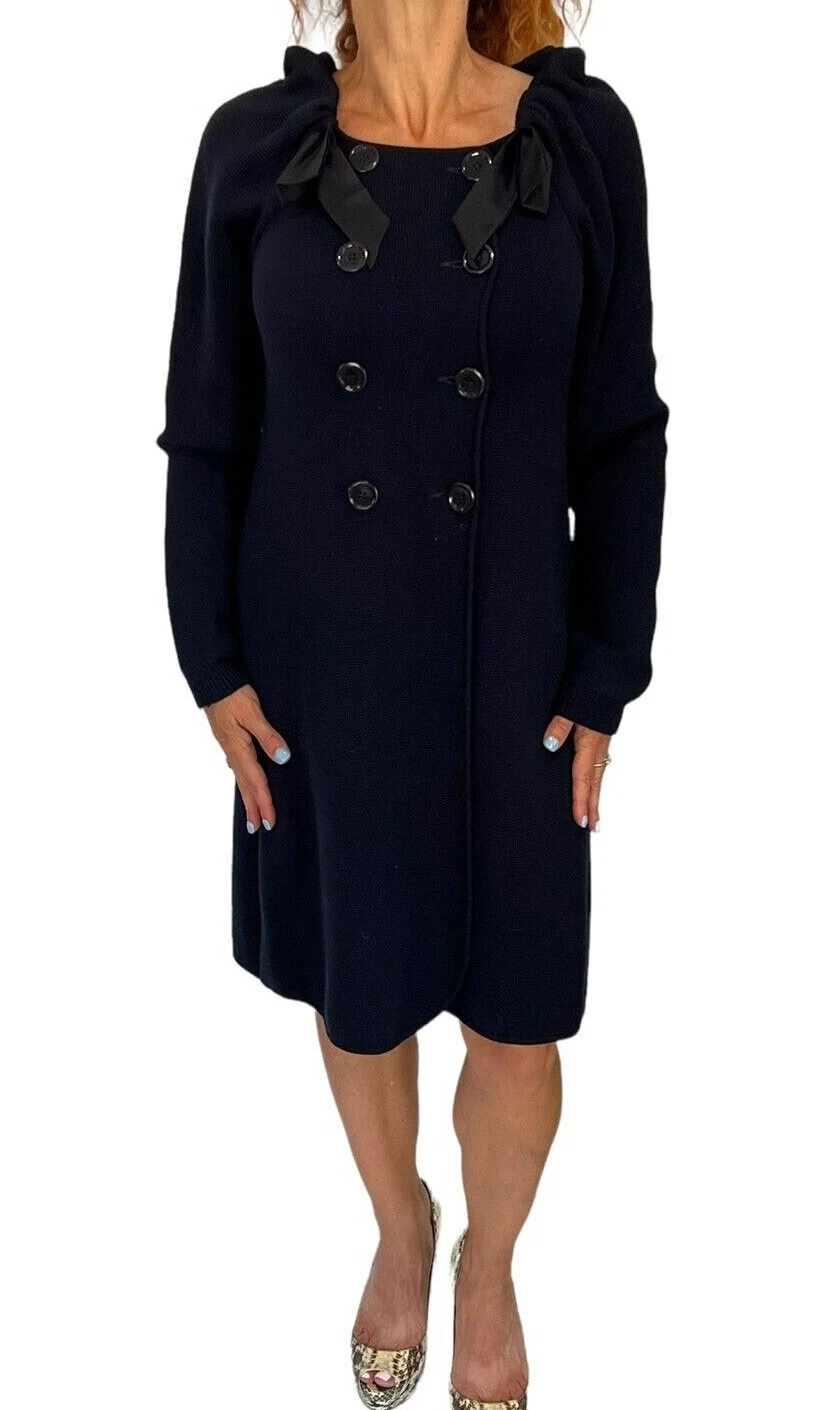 Abito cappotto Moschino blu navy nero fiocco doppiopetto maglia lana M