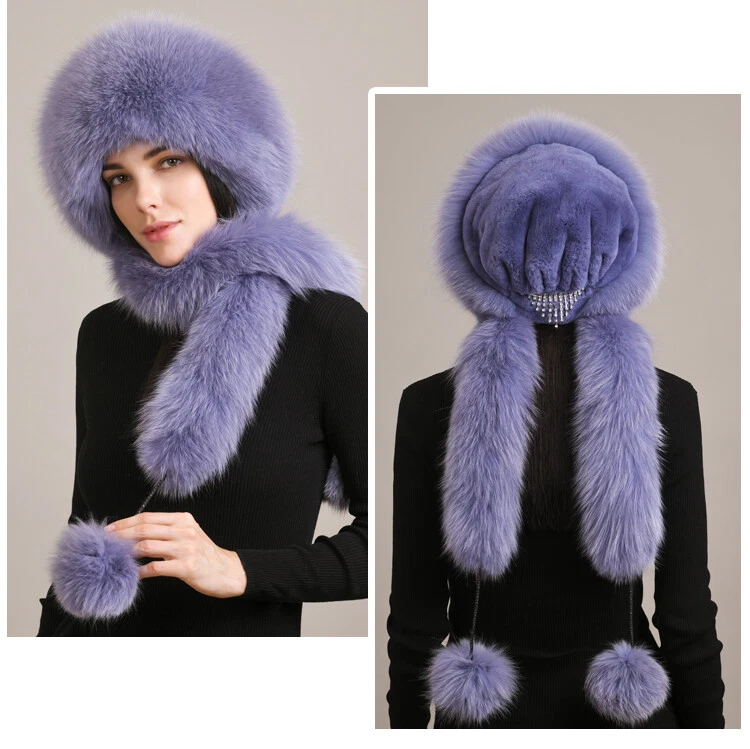 Женщин Fox меха шляпы Русский Ушанка теплый кроличий мех лыж шапки шеи шарфы открытый - Изображение 3 из 4
