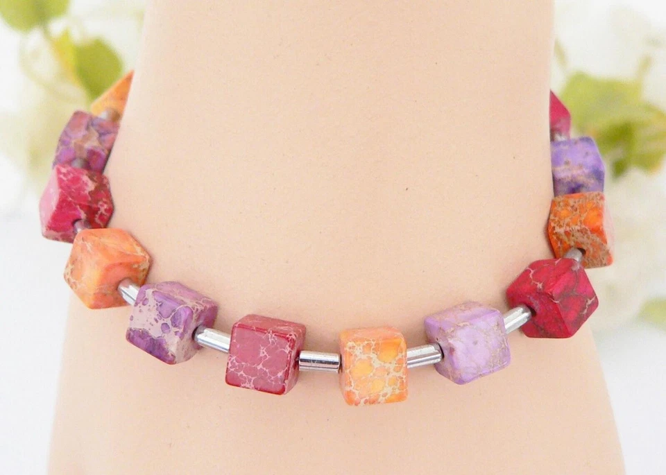Armband Würfel Cube Edelstein Jaspis Orange, Rot, Lila, Multicolor Hämatit 213n - Bild 3 von 4
