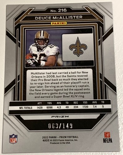2022 Panini Prizm Deuce McAllister Red Wave Prizm/149 #216 - Foto 2 di 2