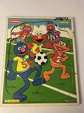 Vtg Wood Playskool Sesame Street Puzzle Elmo Soccer Cookie Monster 10 Pc